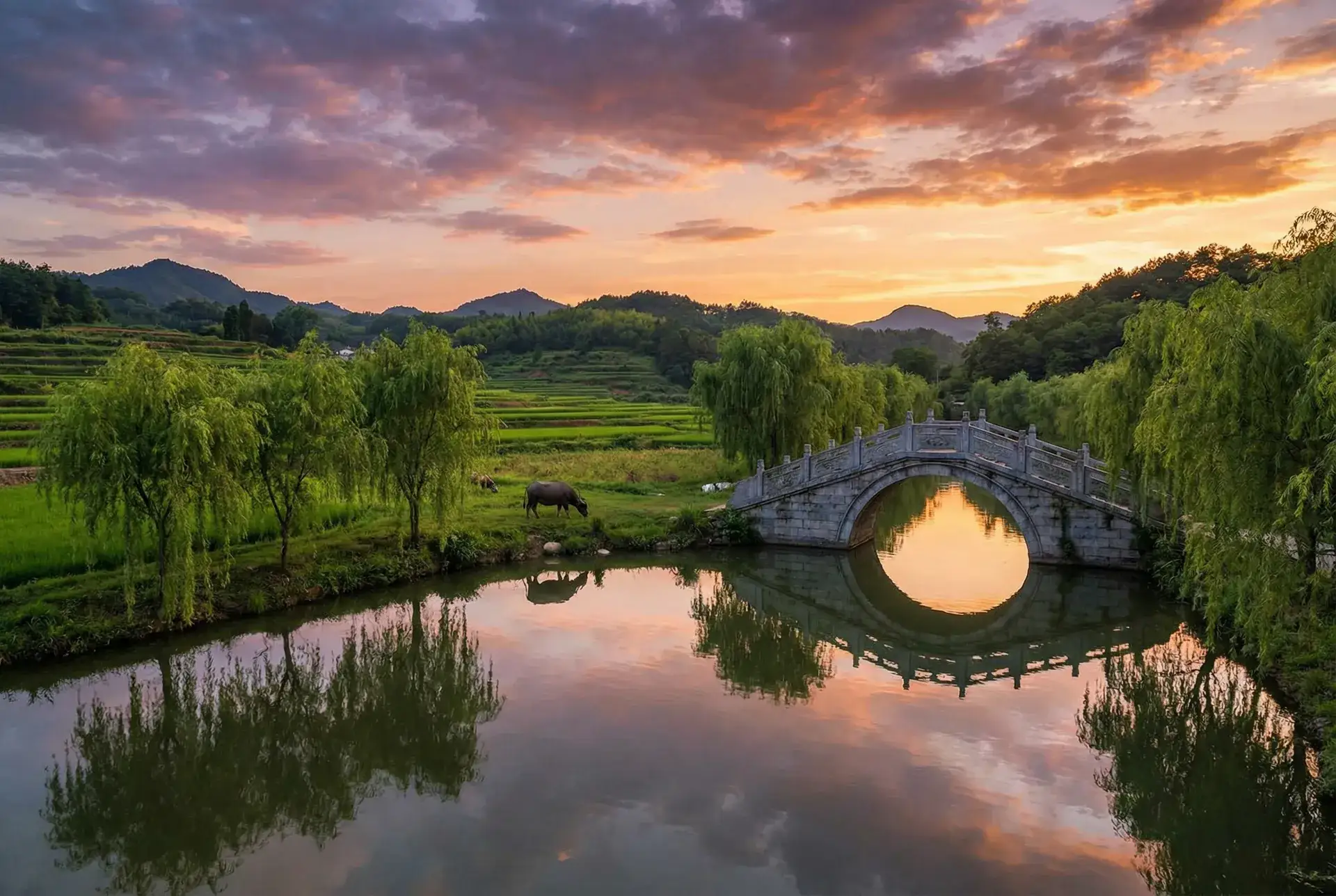 夕阳下的石拱桥与垂柳，水牛在河边吃草 - 都市井龙王 乡村美景